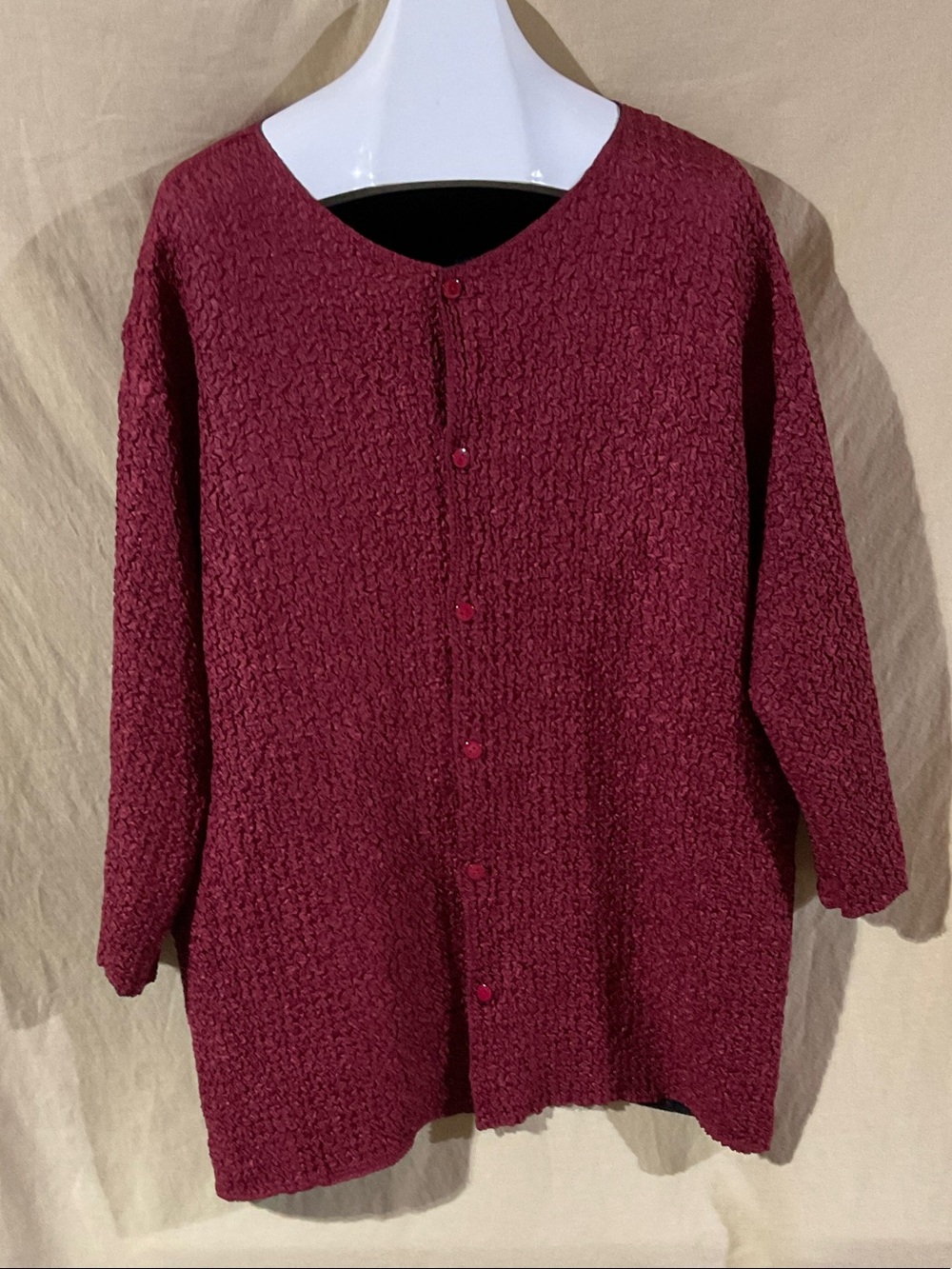 Reversible Size 3X Textured Burgundy/Black Button-Front Cardigan